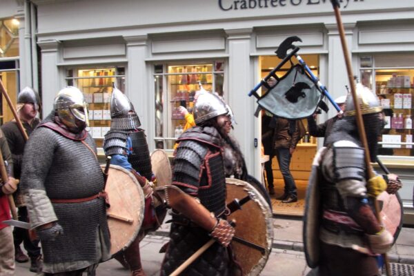 Viking warriors re-enactment walking through the streets of York